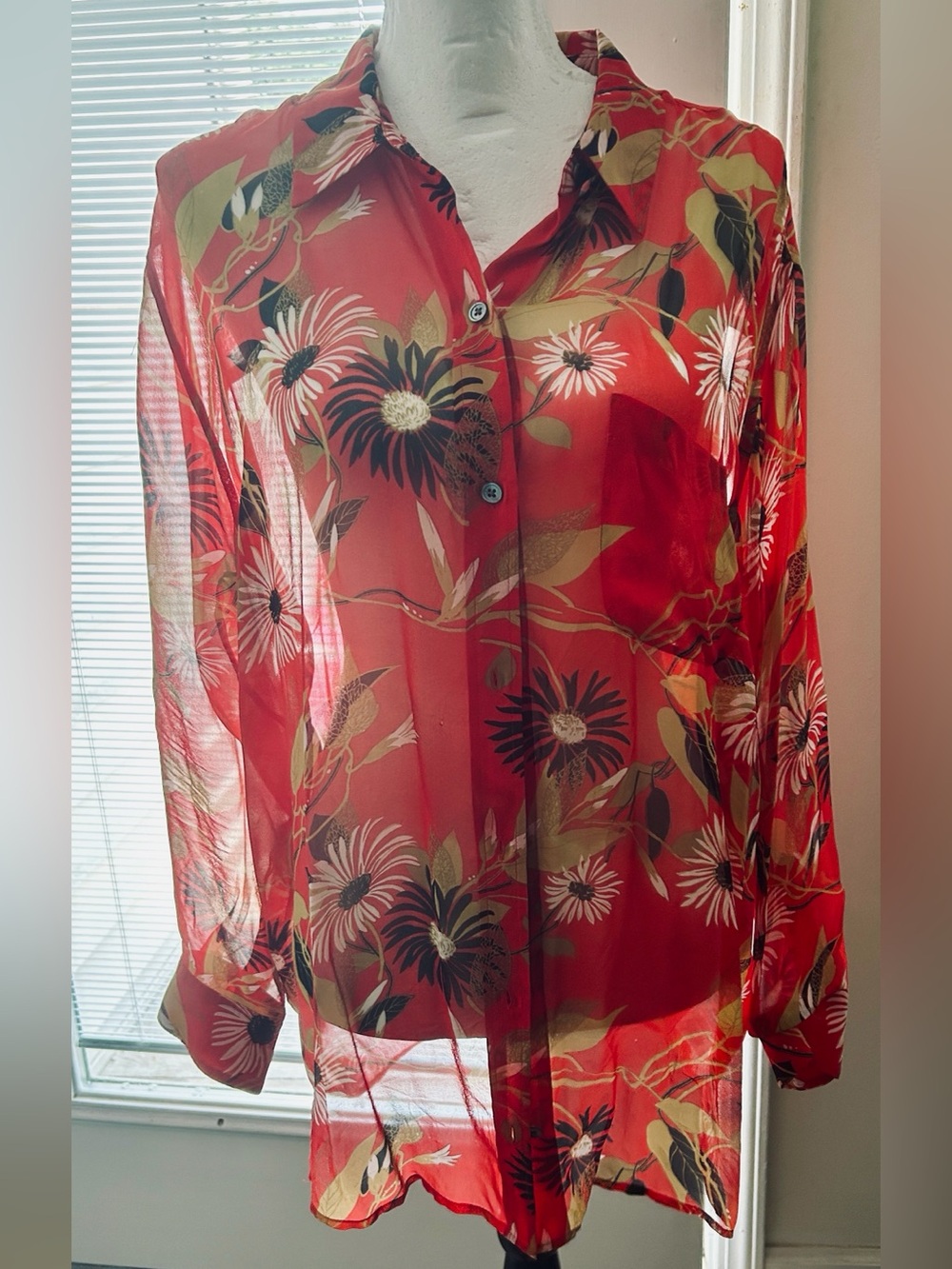 Equipment Silk Red Sheer Floral Button-Down Blouse